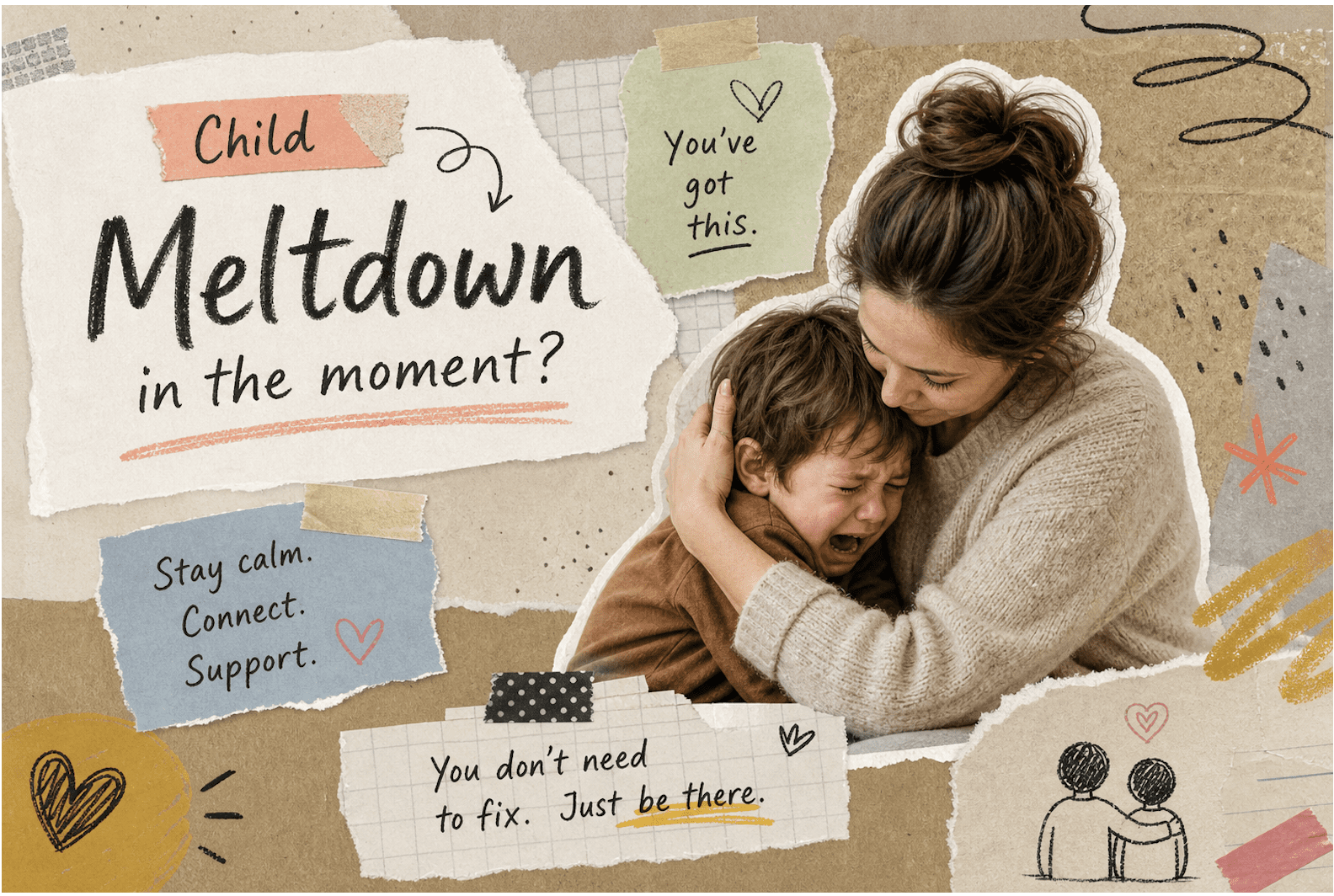 mom holding child who is crying. With the words meltdowns written across it